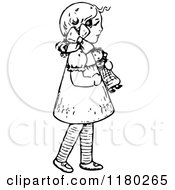 Clipart Of A Retro Vintage Black And White Girl With A Doll Royalty Free Vector Illustration