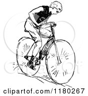 Clipart Of A Retro Vintage Black And White Boy Riding A Bicycle Royalty Free Vector Illustration