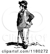 Clipart Of A Retro Vintage Black And White Standing Boy Royalty Free Vector Illustration