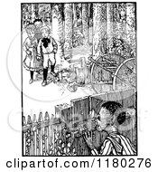 Clipart Of Retro Vintage Black And White Children In The Woods Royalty Free Vector Illustration