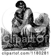Clipart Of A Retro Vintage Black And White Scared Black Mother And Child Royalty Free Vector Illustration