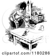 Clipart Of A Retro Vintage Black And White Soldier Watching A Woman Write Royalty Free Vector Illustration