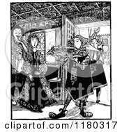 Clipart Of Retro Vintage Black And White People Delivering Food Royalty Free Vector Illustration