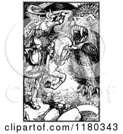Clipart Of A Retro Vintage Black And White Knight Battling A Lion Royalty Free Vector Illustration