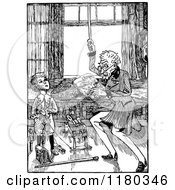 Clipart Of A Retro Vintage Black And White Grandfather Re Enacting A Battle Royalty Free Vector Illustration