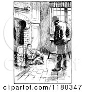 Clipart Of A Retro Vintage Black And White Man And Poor Children Indoors Royalty Free Vector Illustration