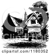 Clipart Of A Retro Vintage Black And White Woman And Country Cottage Royalty Free Vector Illustration