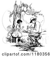 Clipart Of A Retro Vintage Black And White Girl And Dad Painting A Doll Royalty Free Vector Illustration