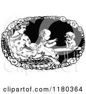 Clipart Of A Retro Vintage Black And White Mother Baby And Dog Royalty Free Vector Illustration