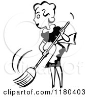 Clipart Of A Retro Vintage Black And White Woman Sweeping Royalty Free Vector Illustration