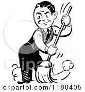 Clipart Of A Retro Vintage Black And White Man Sweeping Royalty Free Vector Illustration by Prawny Vintage