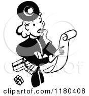 Clipart Of A Retro Vintage Black And White Nervous Woman Looking At A List Or Bill Royalty Free Vector Illustration