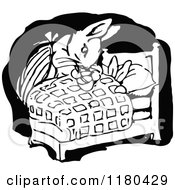 Clipart Of A Retro Vintage Black And White Mother Rabbit Tucking Her Child In Royalty Free Vector Illustration