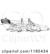 Clipart Of A Retro Vintage Black And White Group Of Rabbits Royalty Free Vector Illustration