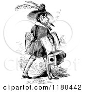 Clipart Of A Retro Vintage Black And White Monkey Carrying A Camera Royalty Free Vector Illustration