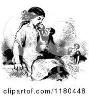 Clipart Of A Retro Vintage Black And White Monkey Feeding A Girl Royalty Free Vector Illustration