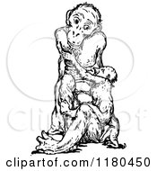 Clipart Of A Retro Vintage Black And White Nursing Monkey Royalty Free Vector Illustration