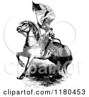 Clipart Of A Retro Vintage Black And White Monkey On Horseback Royalty Free Vector Illustration