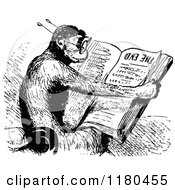 Clipart Of A Retro Vintage Black And White Monkey Reading Royalty Free Vector Illustration