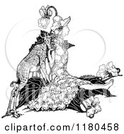 Clipart Of A Retro Vintage Black And White Woman With A Short Neck Giraffe And Flowers Royalty Free Vector Illustration