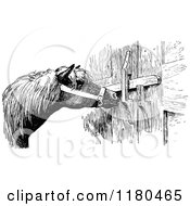 Clipart Of A Retro Vintage Black And White Horse Unlocking A Door Royalty Free Vector Illustration