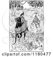 Clipart Of A Retro Vintage Black And White Knight And Maiden In The Woods Royalty Free Vector Illustration