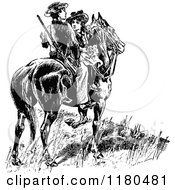 Clipart Of A Retro Vintage Black And White Couple On Horseback Royalty Free Vector Illustration