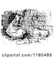 Clipart Of A Retro Vintage Black And White Girl Reading In A Library Royalty Free Vector Illustration