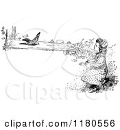 Clipart Of A Retro Vintage Black And White Girl And Bird With Copyspace Royalty Free Vector Illustration