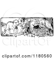 Clipart Of A Retro Vintage Black And White Fox And Lamb Royalty Free Vector Illustration