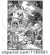 Poster, Art Print Of Retro Vintage Black And White Fox And Lamb At A Stream
