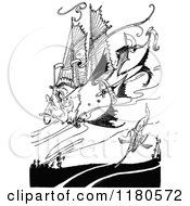 Clipart Of A Retro Vintage Black And White Fish With Sails Royalty Free Vector Illustration