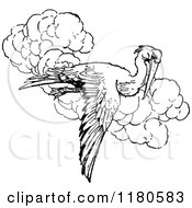 Clipart Of A Retro Vintage Black And White Pelican Flying Royalty Free Vector Illustration