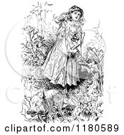 Clipart Of A Retro Vintage Black And White Girl And Pig In The Woods Royalty Free Vector Illustration