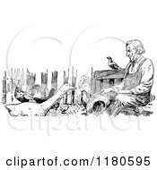 Clipart Of A Retro Vintage Black And White Man And His Birds Royalty Free Vector Illustration