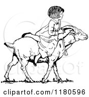 Clipart Of A Retro Vintage Black And White Girl Riding A Goat Royalty Free Vector Illustration