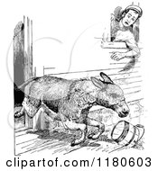 Clipart Of A Retro Vintage Black And White Donkey Storming Out Of A Barn Royalty Free Vector Illustration