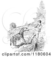 Clipart Of A Retro Vintage Black And White Donkey And Man Pulling Royalty Free Vector Illustration