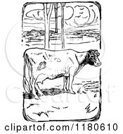 Clipart Of A Retro Vintage Black And White Cow In A Pasture Royalty Free Vector Illustration