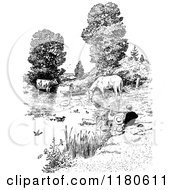 Poster, Art Print Of Retro Vintage Black And White Pond Scene With People And Farm Animals