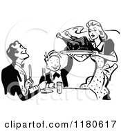 Clipart Of A Retro Vintage Black And White Mother Serving Roasted Turkey Royalty Free Vector Illustration