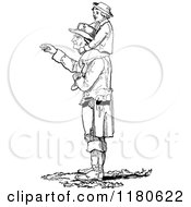 Clipart Of A Retro Vintage Black And White Father With His Son On His Shoulders Royalty Free Vector Illustration