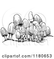Clipart Of Retro Vintage Black And White Dwarfs In Mushrooms Royalty Free Vector Illustration
