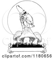 Clipart Of A Retro Vintage Black And White Dwarf Sitting On A Mushroom Over A Banner Royalty Free Vector Illustration
