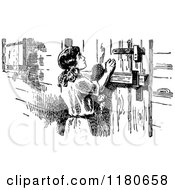 Clipart Of A Retro Vintage Black And White Girl At A Stable Door Royalty Free Vector Illustration