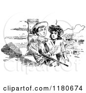Poster, Art Print Of Retro Vintage Black And White Boy And Girl Reading A Note