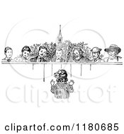 Clipart Of A Retro Vintage Black And White Girl Talking To People Over A Fence Royalty Free Vector Illustration