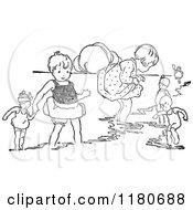 Clipart Of Retro Vintage Black And White Girls Playing With Dolls On A Beach Royalty Free Vector Illustration