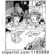 Clipart Of Retro Vintage Black And White Girls Playing With Dolls Royalty Free Vector Illustration