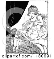 Clipart Of A Retro Vintage Black And White Girl Playing With Her Doll Royalty Free Vector Illustration